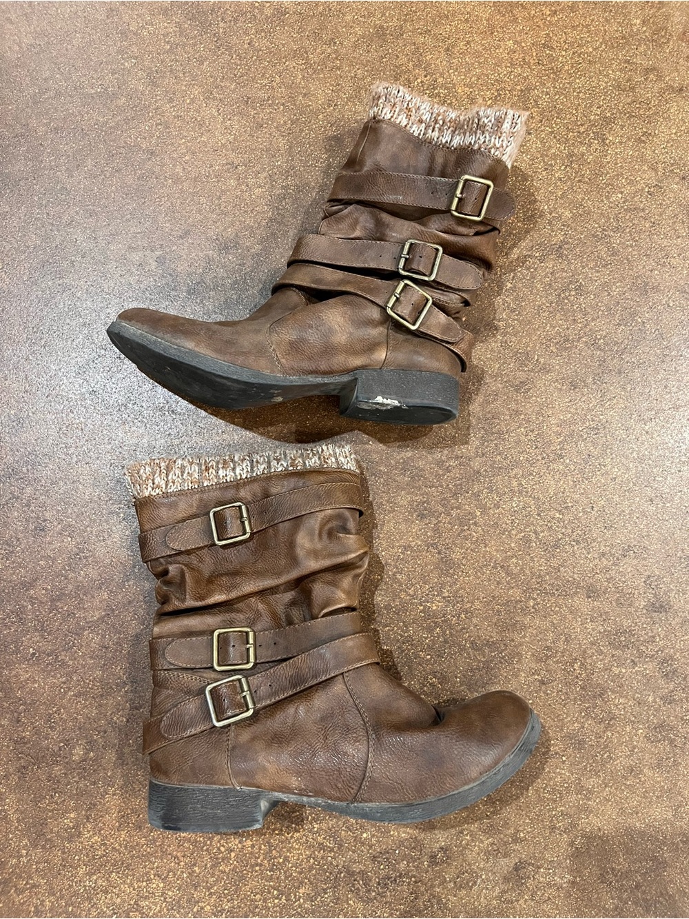 JustFab Brown Slouchy Buckled Mid-Calf Boots with Knit Cuff